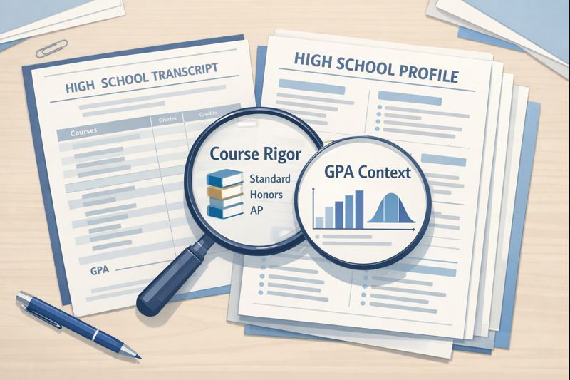 Top-down illustration of a high school transcript and a multi-page high school profile on an admissions officer’s desk, with a magnifying glass highlighting course rigor and GPA context. Clean, professional blue-and-white academic design for a college admissions blog feature image.