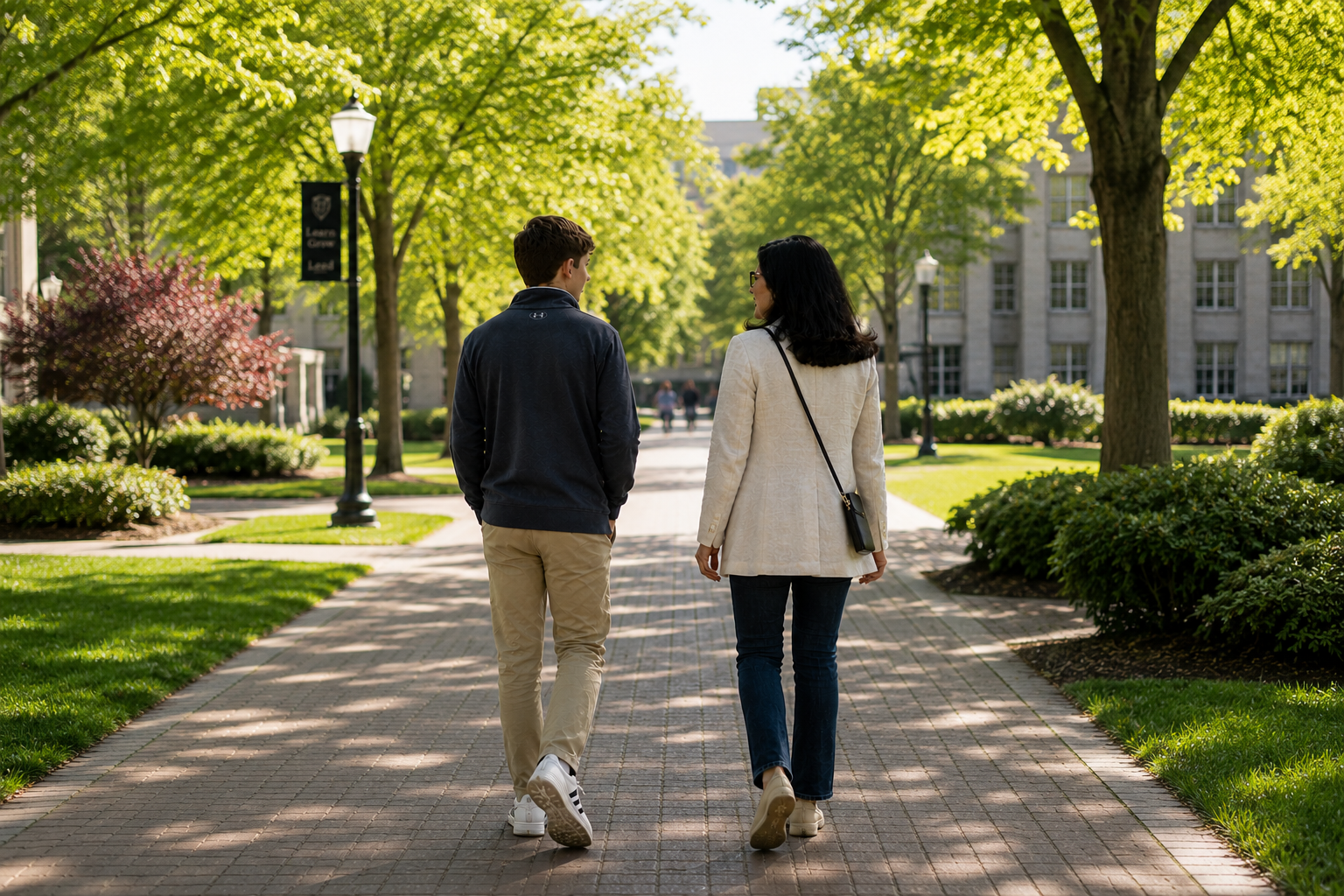 Mom and son walking on a college campus.